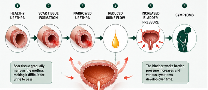 How urethral stricture develops: scar tissue narrows the urethra, reduces urine flow, increases bladder pressure, and leads to symptoms